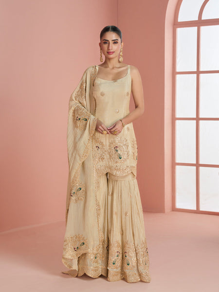 Evanik Cream Cosmos with Coding Sequence With thread Work Palazzo Set