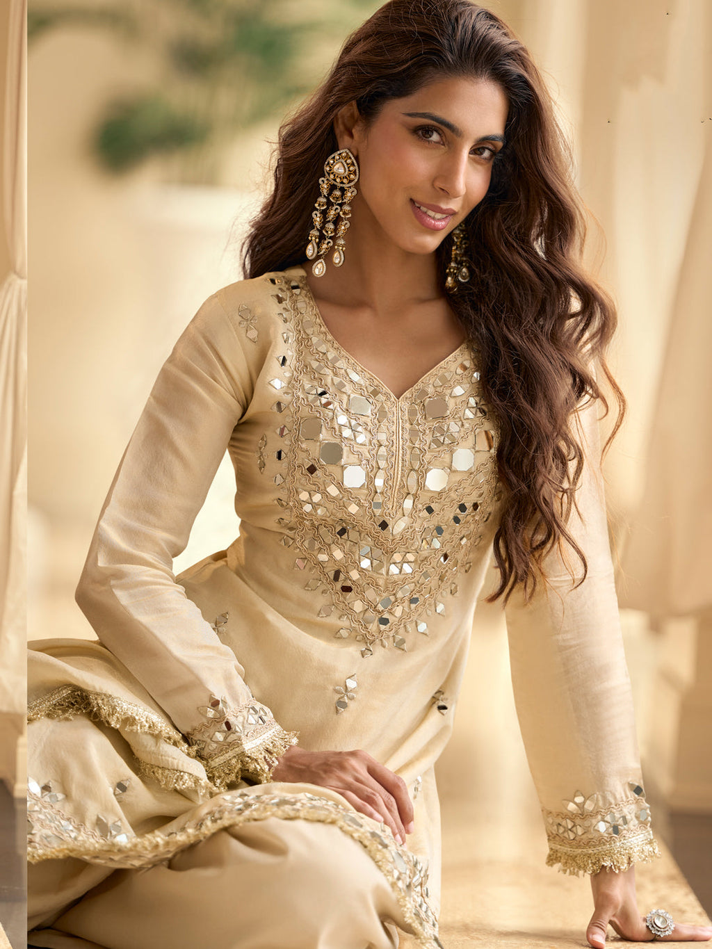 Evanik Cream Silk Blend Mirror Embroidery Work Kurti Palazzo Set With Dupatta - Distacart