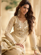 Evanik Cream Silk Blend Mirror Embroidery Work Kurti Palazzo Set With Dupatta - Distacart