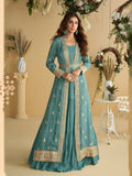 Evanik Teal Chinon Silk With Embroidered Work Gown With Shrug & Belt - Distacart