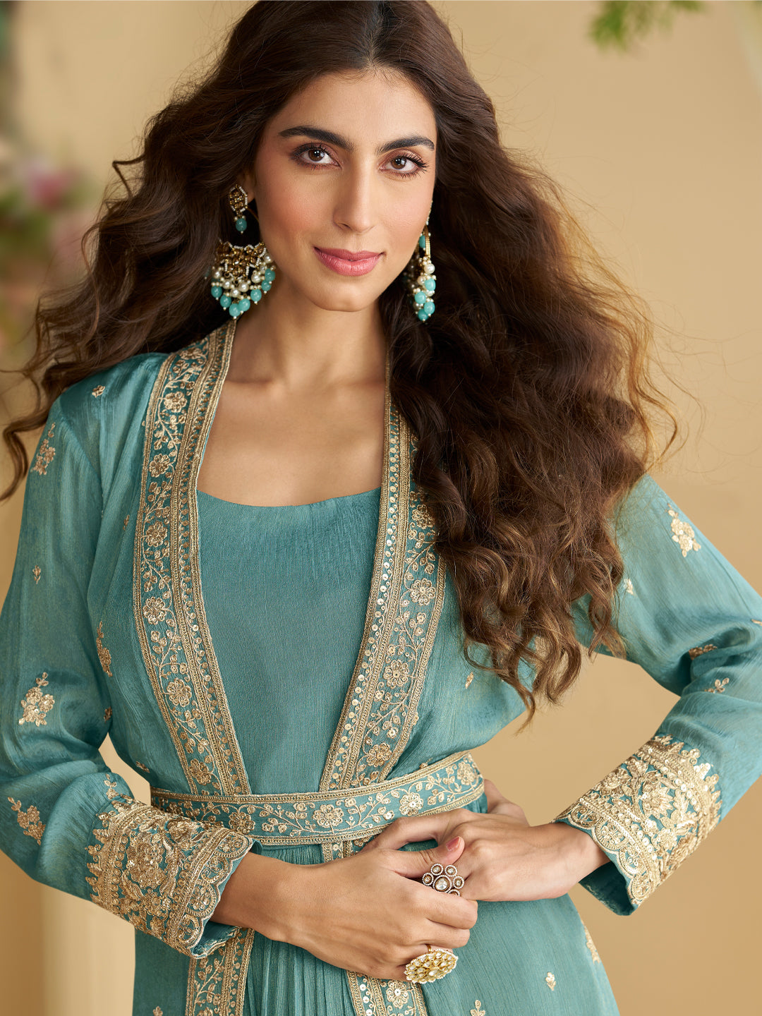 Evanik Teal Chinon Silk With Embroidered Work Gown With Shrug & Belt - Distacart