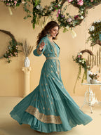 Evanik Teal Chinon Silk With Embroidered Work Gown With Shrug & Belt - Distacart