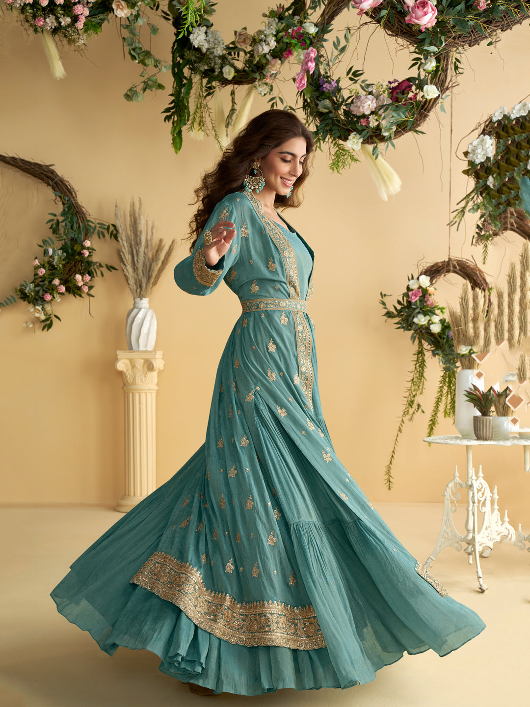Evanik Teal Chinon Silk With Embroidered Work Gown With Shrug & Belt - Distacart