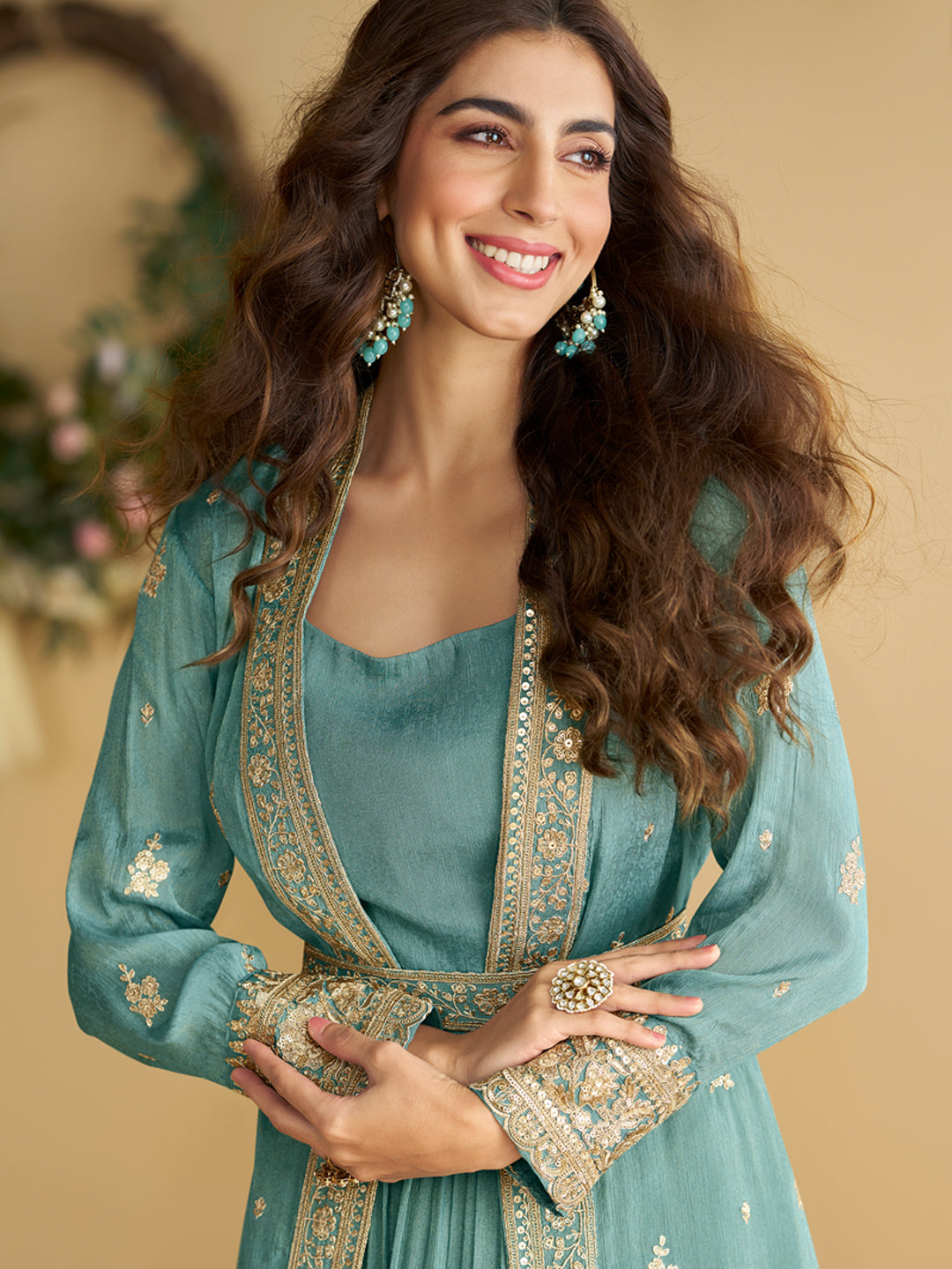 Evanik Teal Chinon Silk With Embroidered Work Gown With Shrug & Belt - Distacart