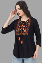 House of RP Women Black Rayon Embroidered Flared Tunic