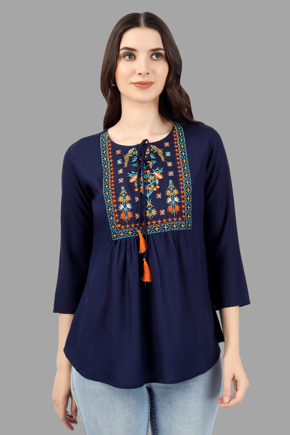House of RP Women Blue Rayon Embroidered Flared Tunic