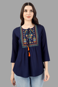 House of RP Women Blue Rayon Embroidered Flared Tunic