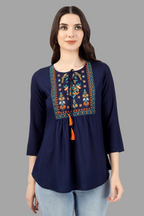 House of RP Women Blue Rayon Embroidered Flared Tunic