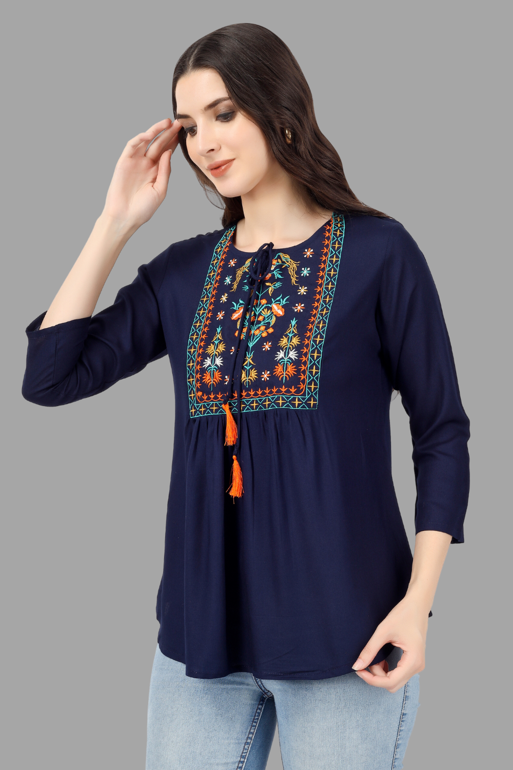 House of RP Women Blue Rayon Embroidered Flared Tunic