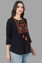 House of RP Women Black Rayon Embroidered Flared Tunic