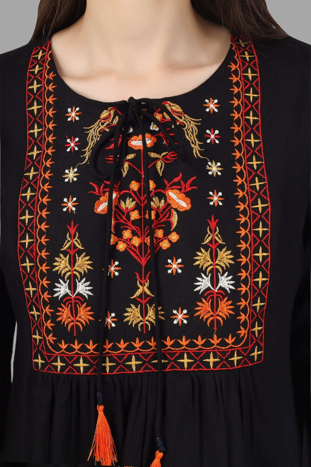 House of RP Women Black Rayon Embroidered Flared Tunic