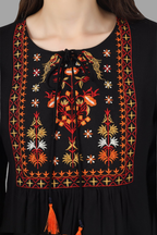 House of RP Women Black Rayon Embroidered Flared Tunic