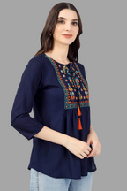 House of RP Women Blue Rayon Embroidered Flared Tunic