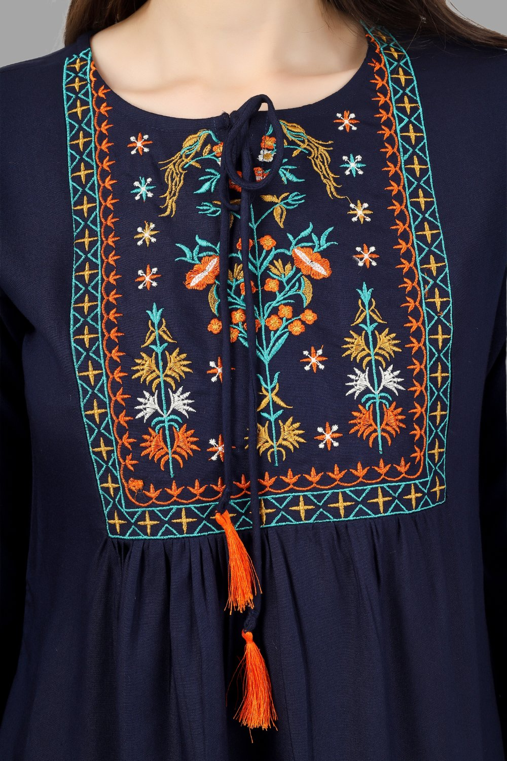 House of RP Women Blue Rayon Embroidered Flared Tunic