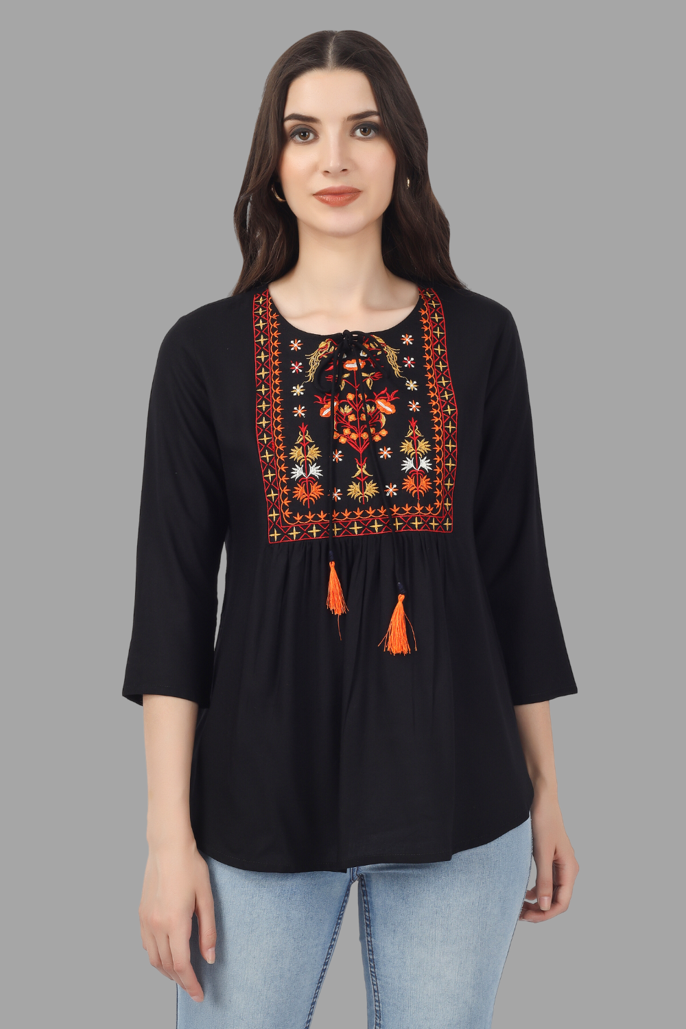 House of RP Women Black Rayon Embroidered Flared Tunic