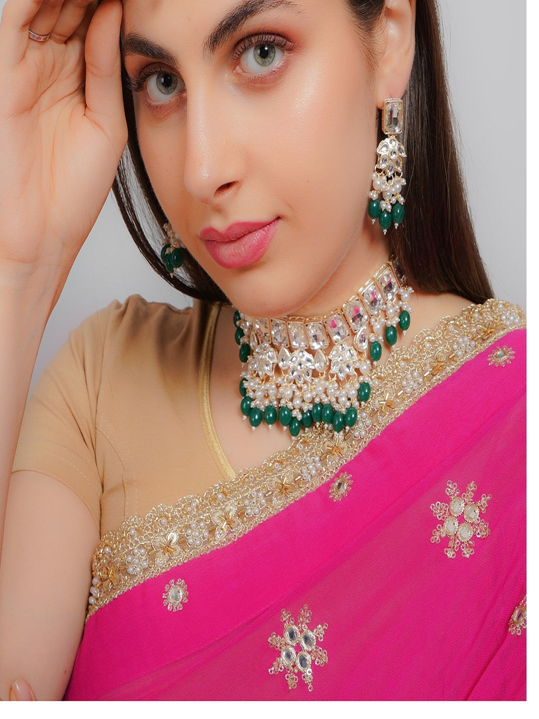 Divisha Alloy Gold-plated Green Traditional Jewellery Set
