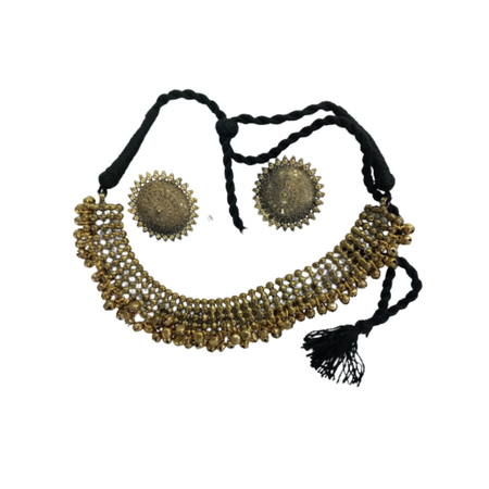 Mominos Fashion Johar Kamal Oxidised Gold-Polished Brass Finish Ghungroo Design Choker Set