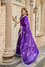 Vastranavya Purple-Blue Embroidery Work Shimmer Chiffon Saree with Unstitched Blouse - Distacart