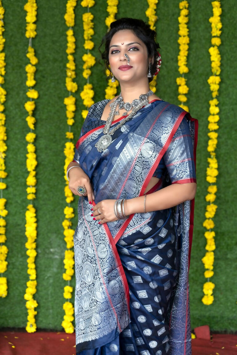 Jyoti Fashion Women's Navy Blue Soft Handloom Silk Zari Woven Saree with Blouse