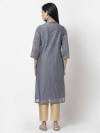 Myshka Women Grey Chanderi Embroidered 3/4 Sleeve Round Neck Kurta