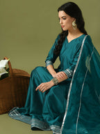 Myshka Women's Teal Solid Silk Anarkali Party Kurta With Dupatta