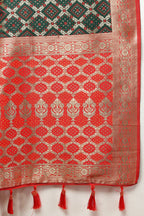 Lorenvalley Fashion Green & Red Patola Silk Woven Design Meenakari Weaving Saree