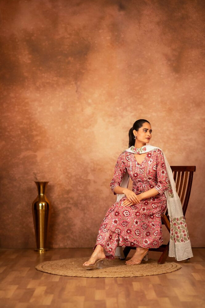 Joban Fashion Pink Hand Block Printed Cotton Suit Set - Distacart