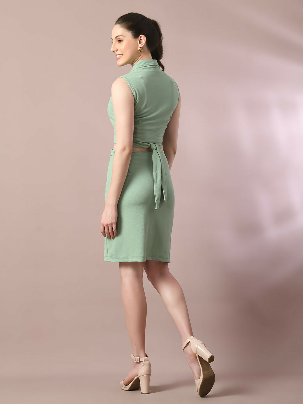 Myshka Women's Sea Green Solid Shawl Neck Party Top With Skirt Co-ord set