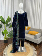 Teeya Creation Blue Color Velvet Designer Embroidery Work party Wear Suit - Distacart