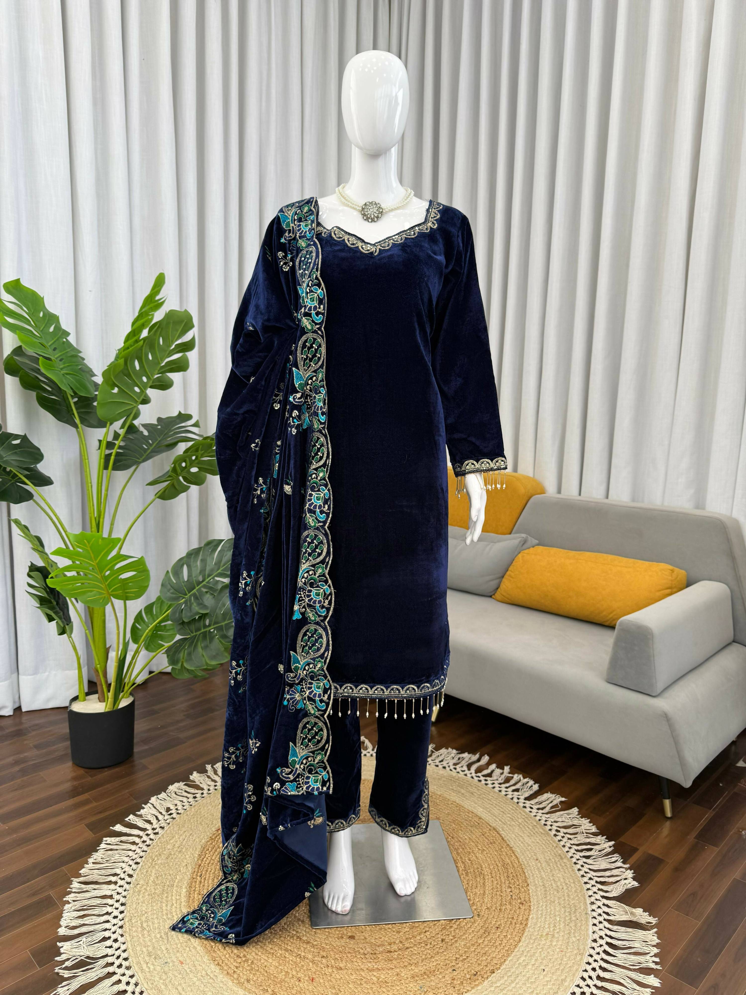 Teeya Creation Blue Color Velvet Designer Embroidery Work party Wear Suit - Distacart