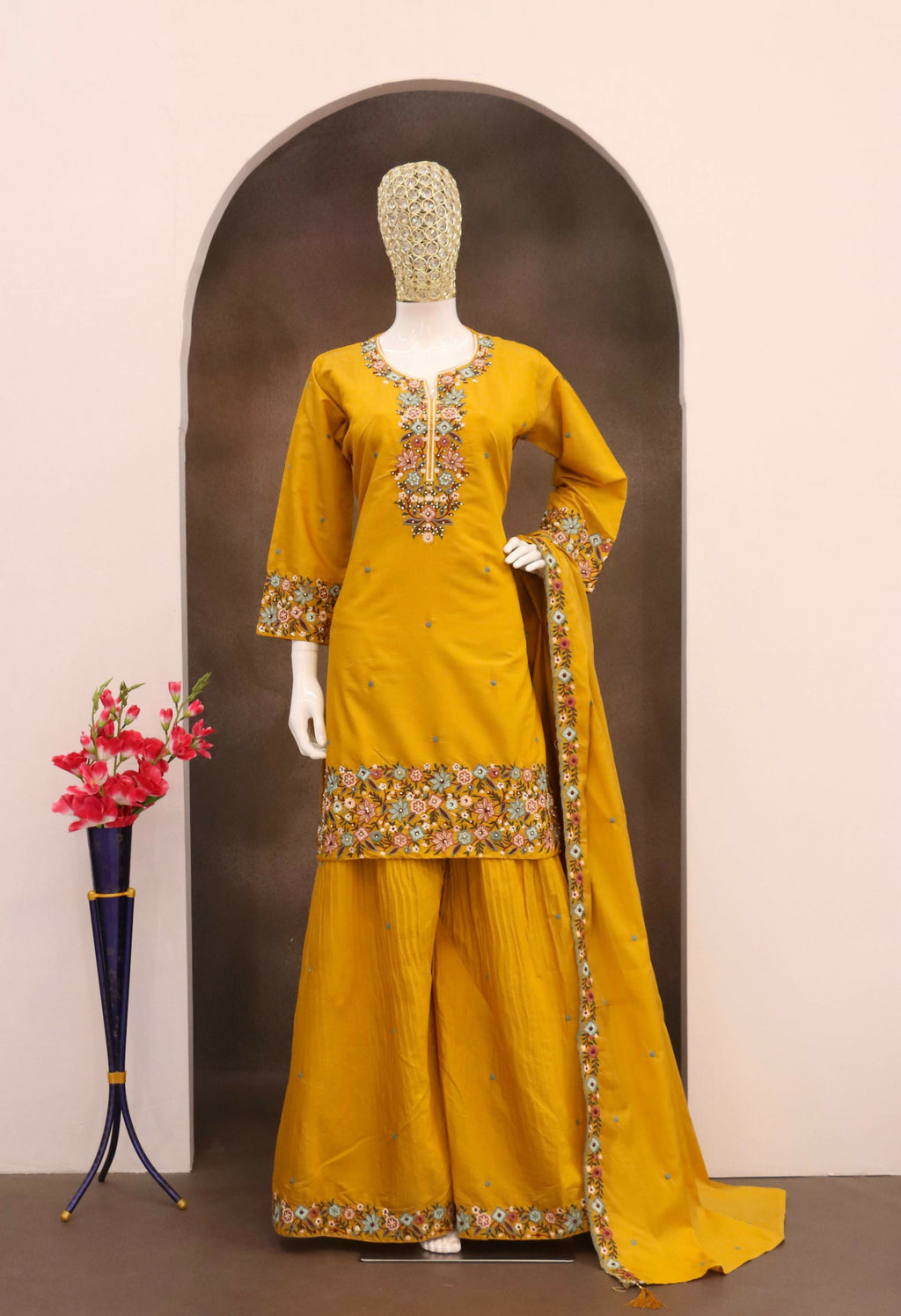 Anaita Mustard Simar with Embroidery Multi & Zarkhan Work Readymade Palazzo suit - Distacart