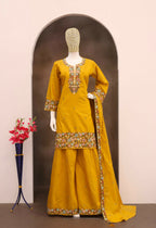 Anaita Mustard Simar with Embroidery Multi & Zarkhan Work Readymade Palazzo suit - Distacart