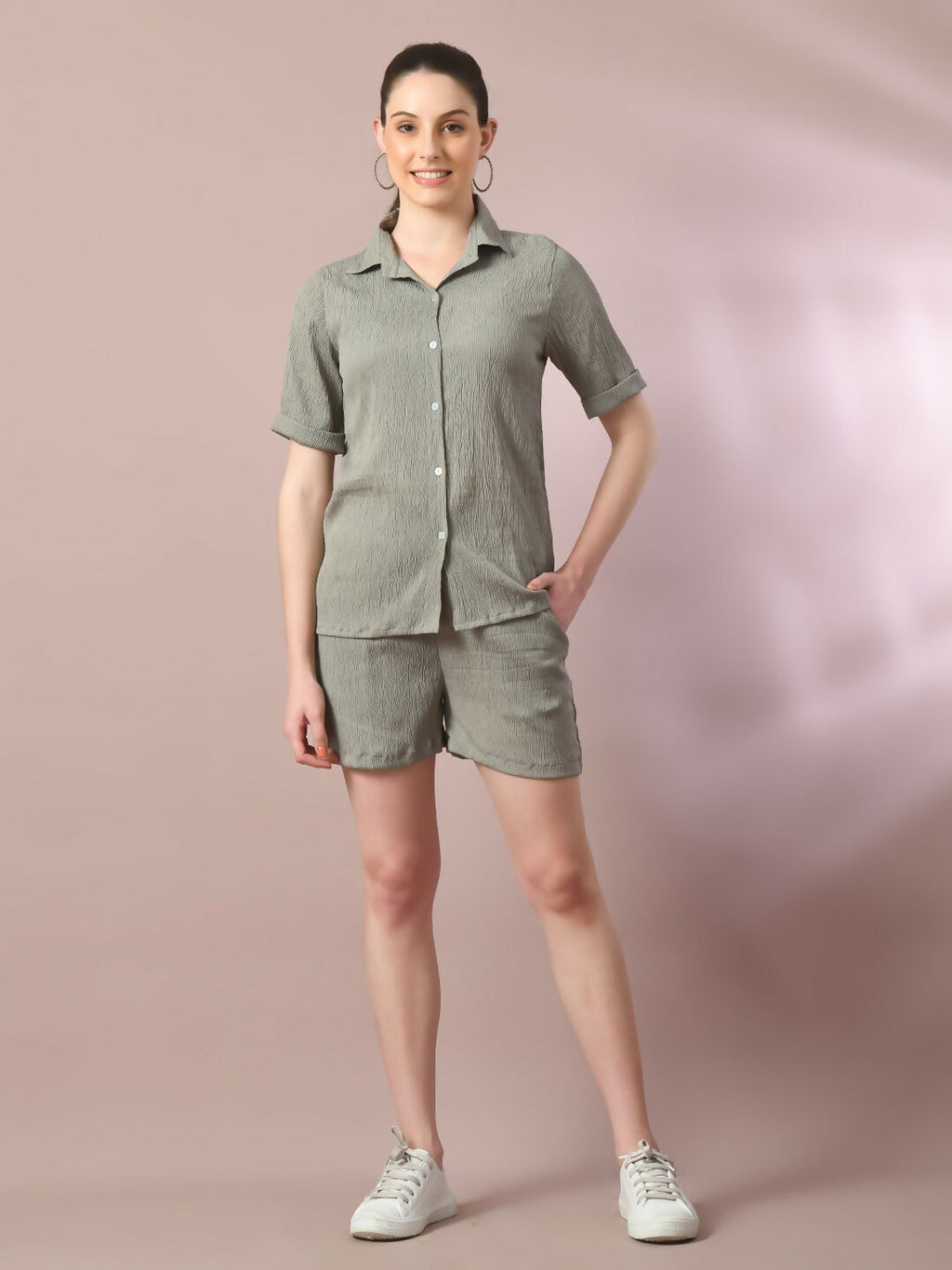 Myshka Women's Grey Solid Shirt Collar Party Shirt With Shorts Co-ord set