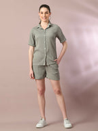 Myshka Women's Grey Solid Shirt Collar Party Shirt With Shorts Co-ord set