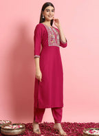Vellora Rani Pink Embroidered Readymade Suit in Silk Blend for Daily Wear