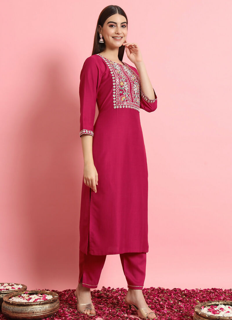 Vellora Rani Pink Embroidered Readymade Suit in Silk Blend for Daily Wear