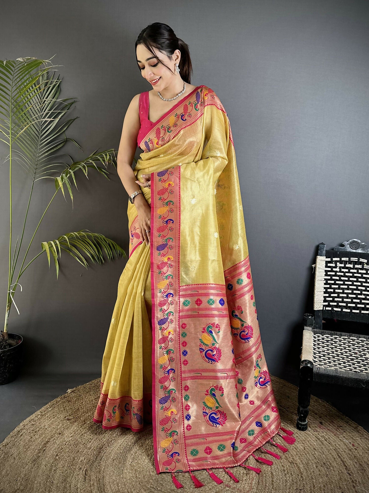 Joban Fashion Golden Yellow Zari Weaving Tissue Paithani Saree