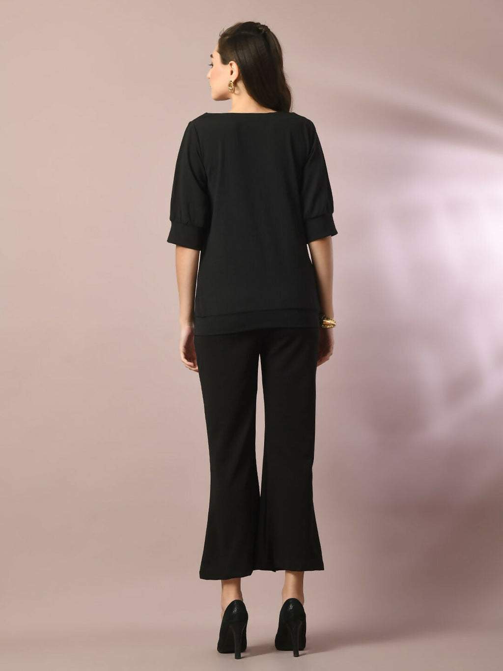 Myshka Women's Black Solid Boat Neck Party Top