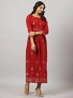 Juniper Women's Maroon Festive Printed Flared Dress - Distacart