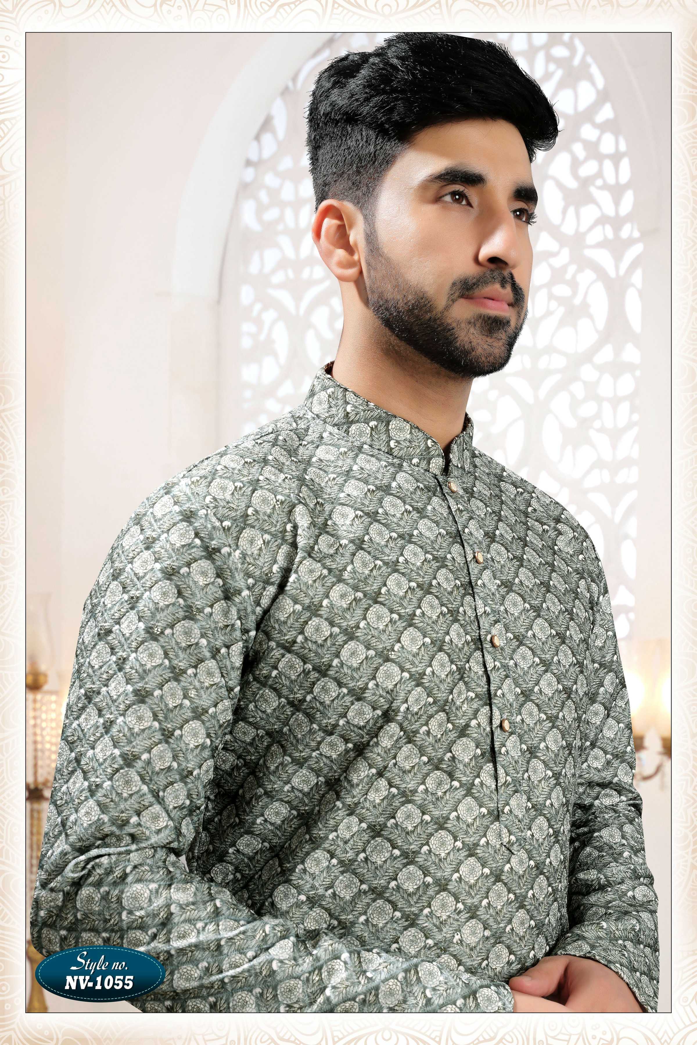 Joban Fashion Men's Green Straight Silk Thread Embroidery All Over Kurta Set