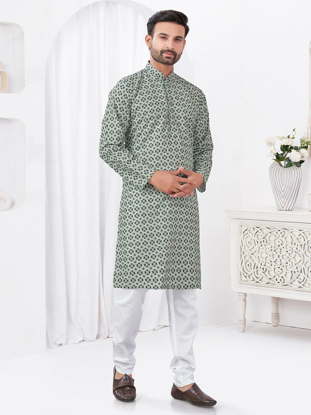 Joban Fashion Men's Rayon Cotton Grey Printed Kurta Pyjama set