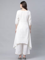 Ahalyaa Women's Off white Pure Cotton Printed Asymmetric Kurta Palazzo Set