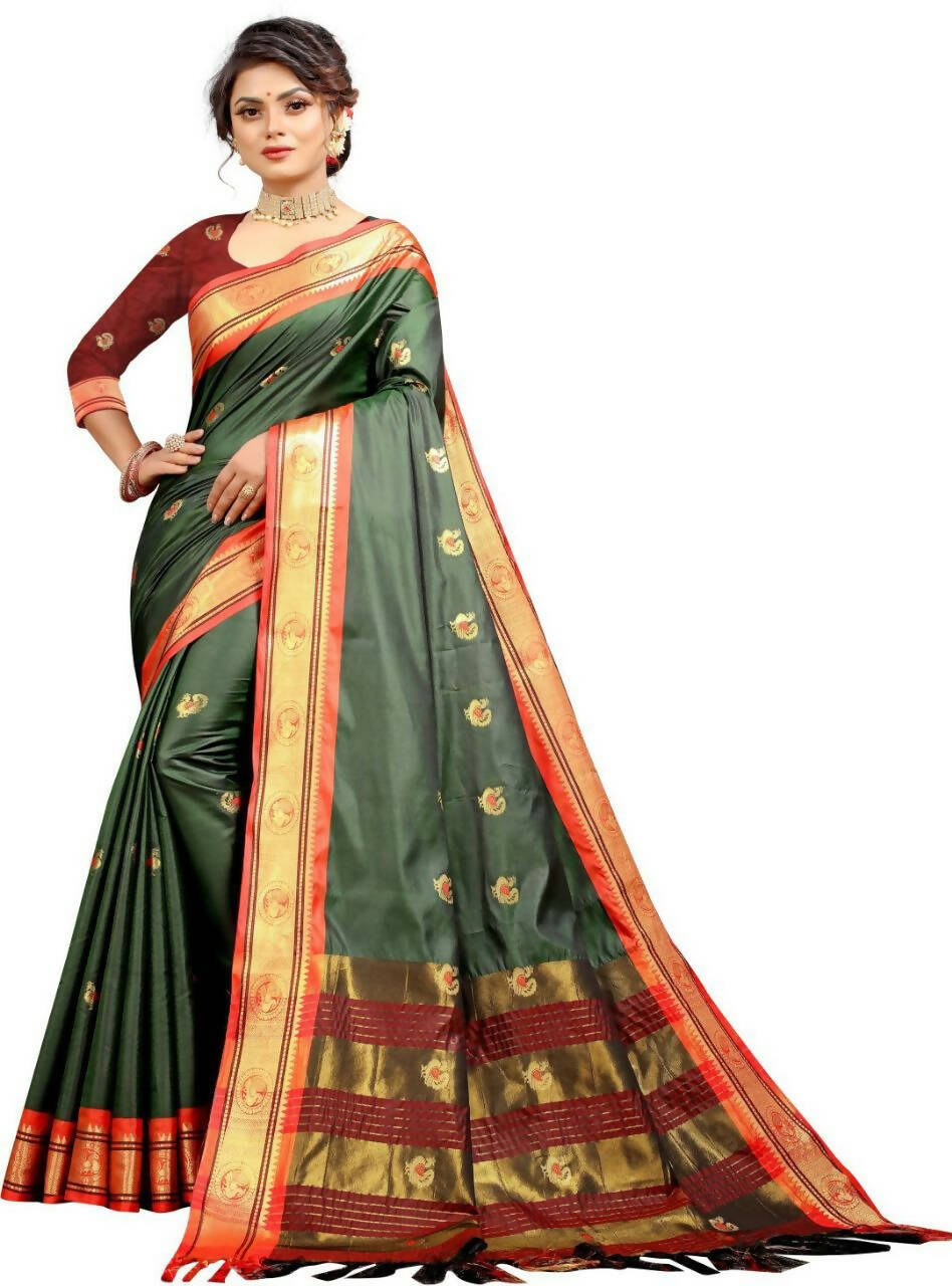 DEIANA'S Beautiful Designer Golden zari Soft Lichi Silk Saree - Green