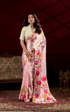 Vastranavya Peach Satin Silk Floral Printed with Pearl Lace Saree with Unstitched Blouse - Distacart