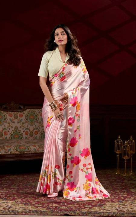 Vastranavya Peach Satin Silk Floral Printed with Pearl Lace Saree with Unstitched Blouse
