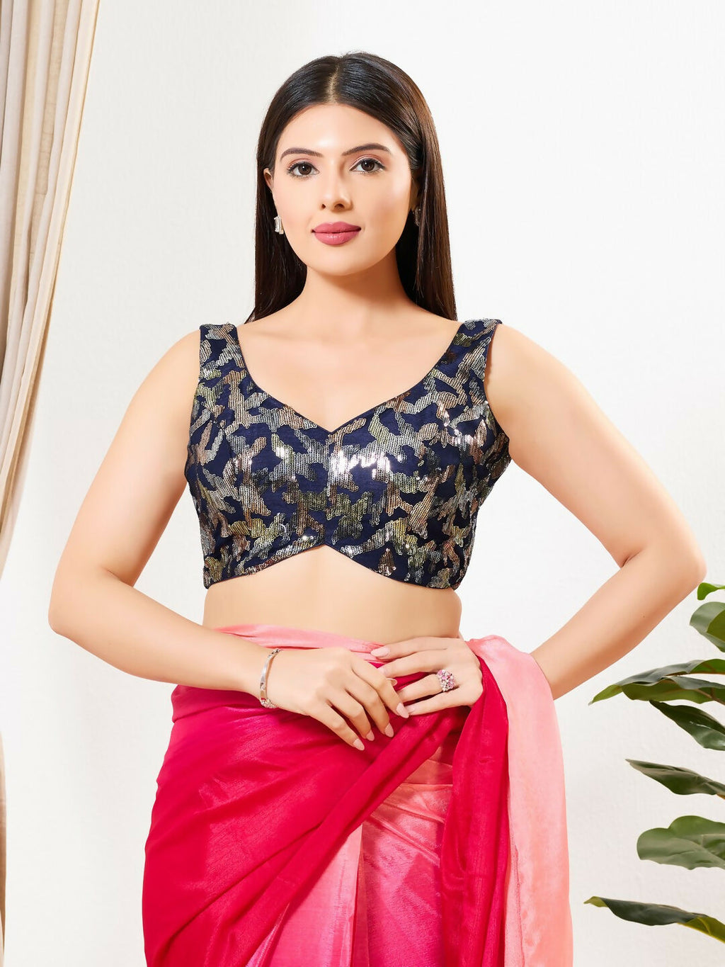 Joban Fashion Navy Blue Silk Padded Blouse With Sweetheart Neck Sleeveless - Distacart