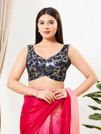 Joban Fashion Navy Blue Silk Padded Blouse With Sweetheart Neck Sleeveless - Distacart