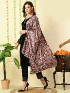 Myshka Women's Black Velvet Kurta & Trousers With Dupatta Party Sets