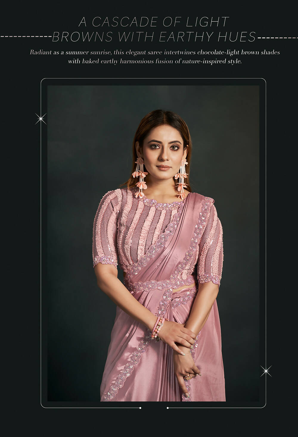 Peach Silk Crepe Georgette Cord Sequence & Thread Embroidered & Stone Work Saree - Moh-Manthan Royal Enigma