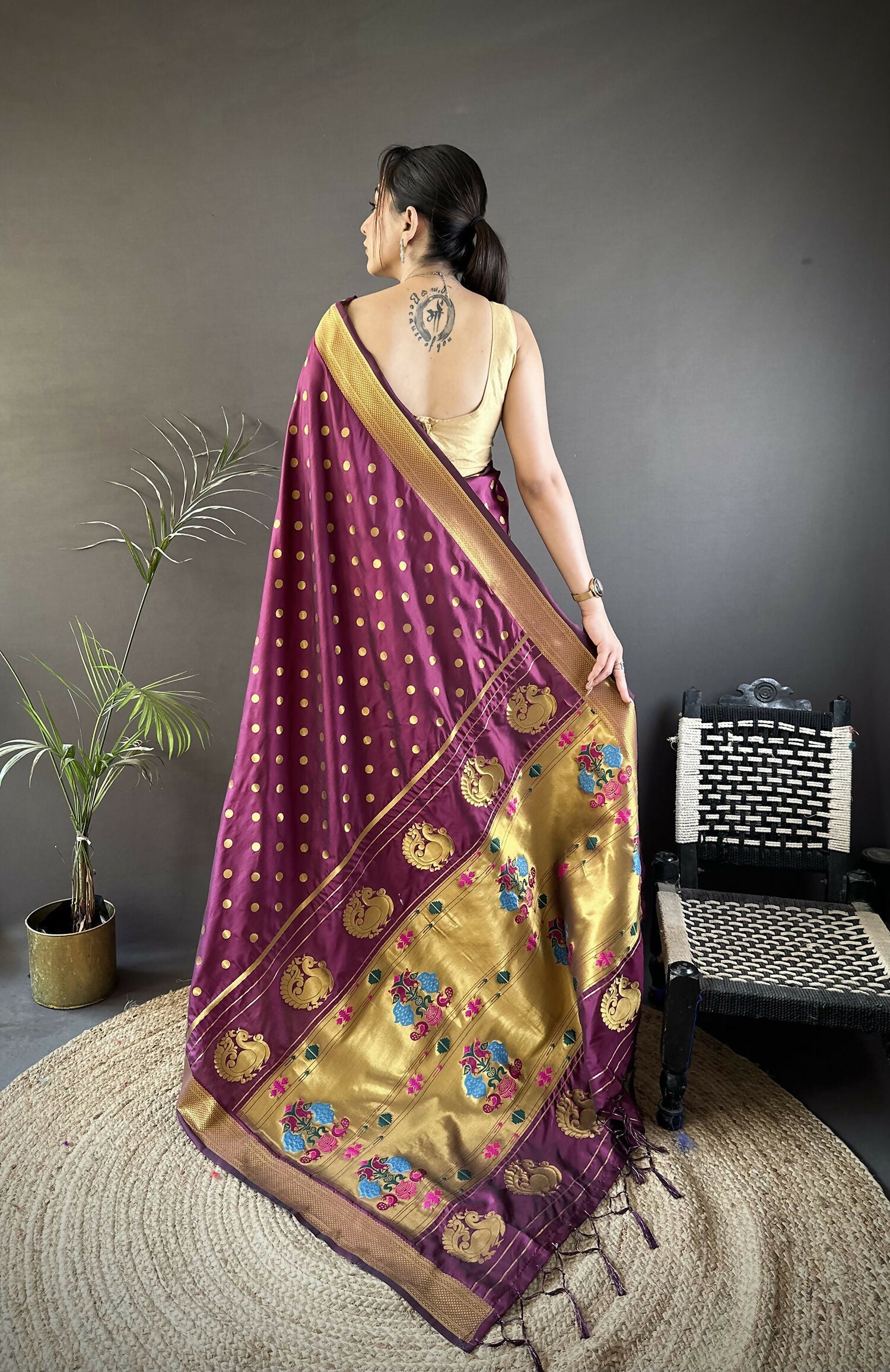 Joban Fashion Wine Polka Dot Lichi Silk Paithani Silk Saree - Distacart